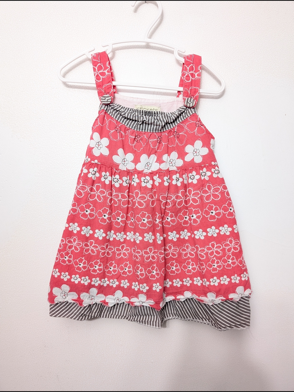 🌸4/25$ Krickets Y2K Girls Coral Pink Floral Sundress with Striped Trim 5 T